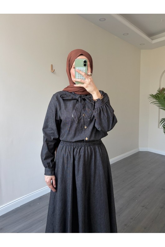 21247 - Fiyonk Detaylı İkili Yumuşak Kot Takım Si̇yah