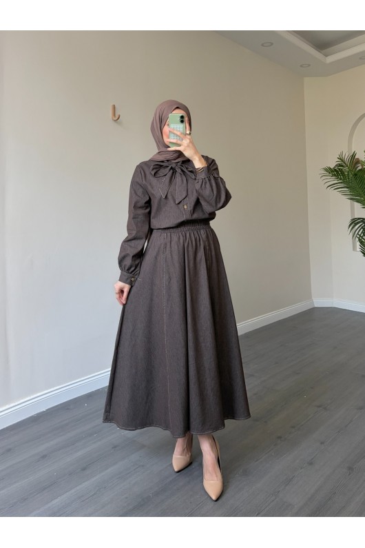 21247 - Fiyonk Detaylı İkili Yumuşak Kot Takım Kahverengi̇