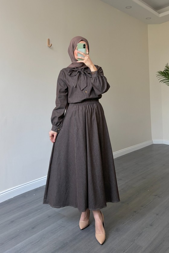 21247 - Fiyonk Detaylı İkili Yumuşak Kot Takım Kahverengi̇