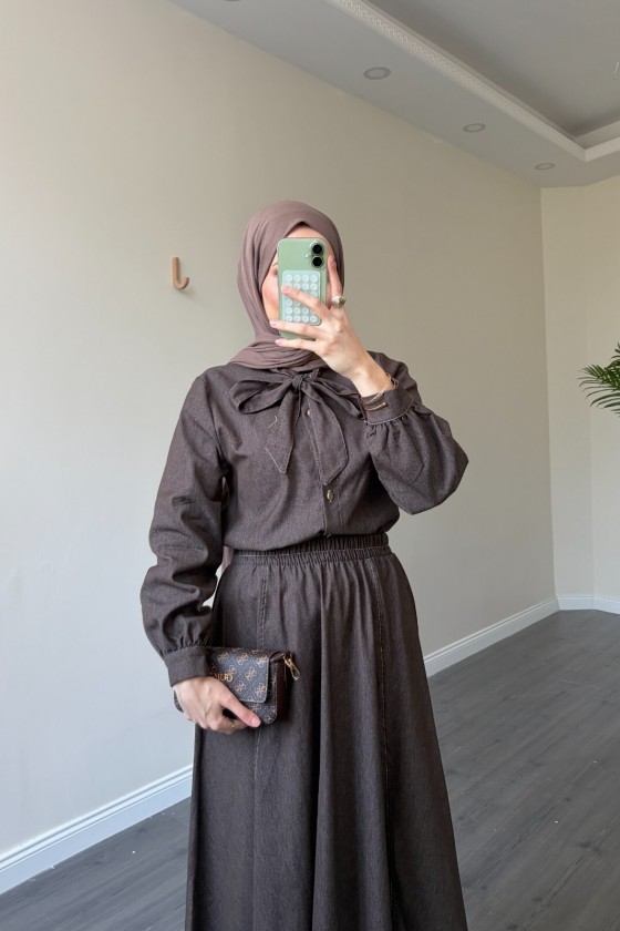 21247 - Fiyonk Detaylı İkili Yumuşak Kot Takım Kahverengi̇