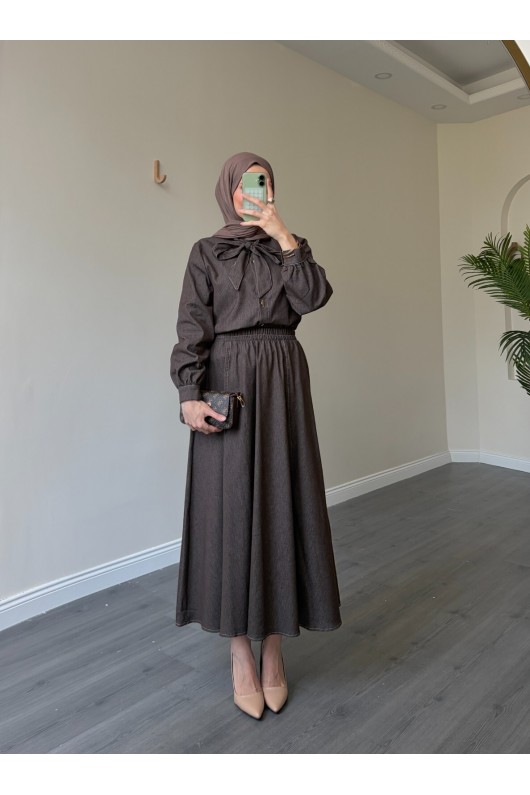 21247 - Fiyonk Detaylı İkili Yumuşak Kot Takım Kahverengi̇