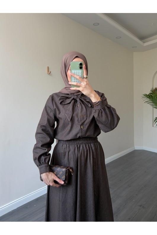 21247 - Fiyonk Detaylı İkili Yumuşak Kot Takım Kahverengi̇