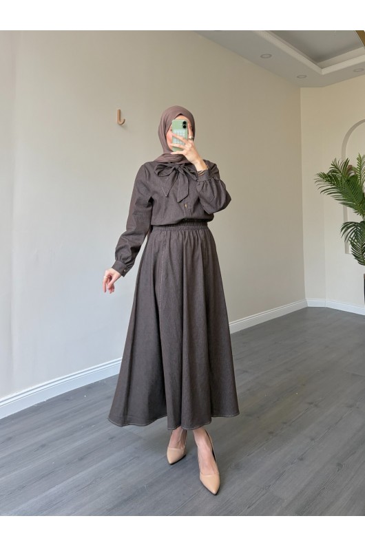 21247 - Fiyonk Detaylı İkili Yumuşak Kot Takım Kahverengi̇