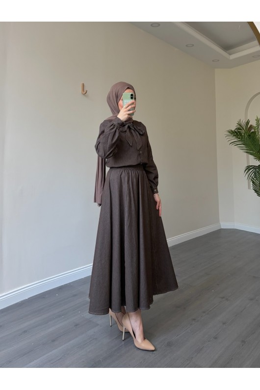 21247 - Fiyonk Detaylı İkili Yumuşak Kot Takım Kahverengi̇