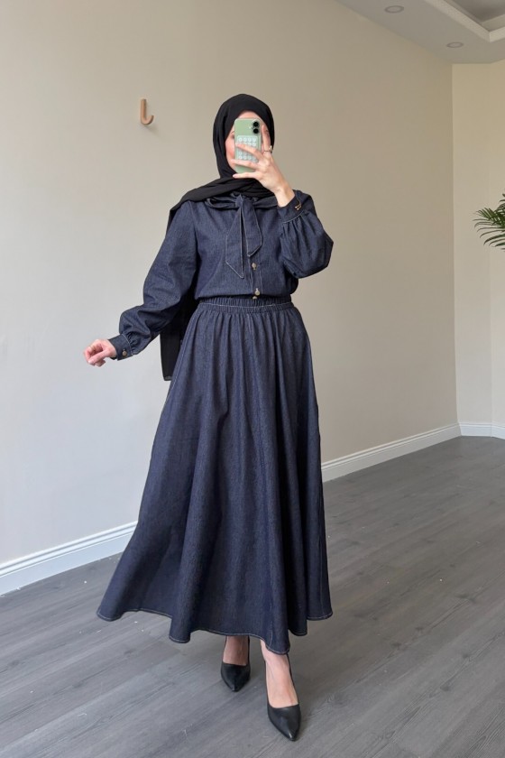 21247 - Fiyonk Detaylı İkili Yumuşak Kot Takım Laci̇vert