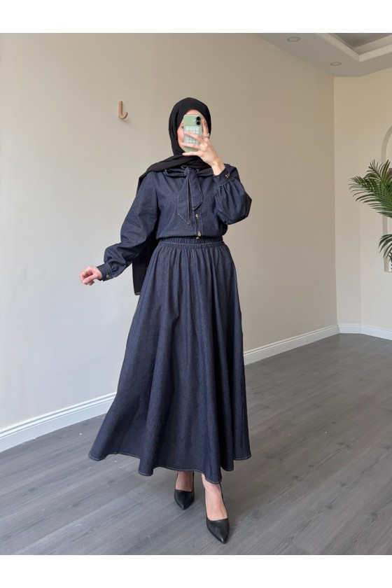 21247 - Fiyonk Detaylı İkili Yumuşak Kot Takım Laci̇vert