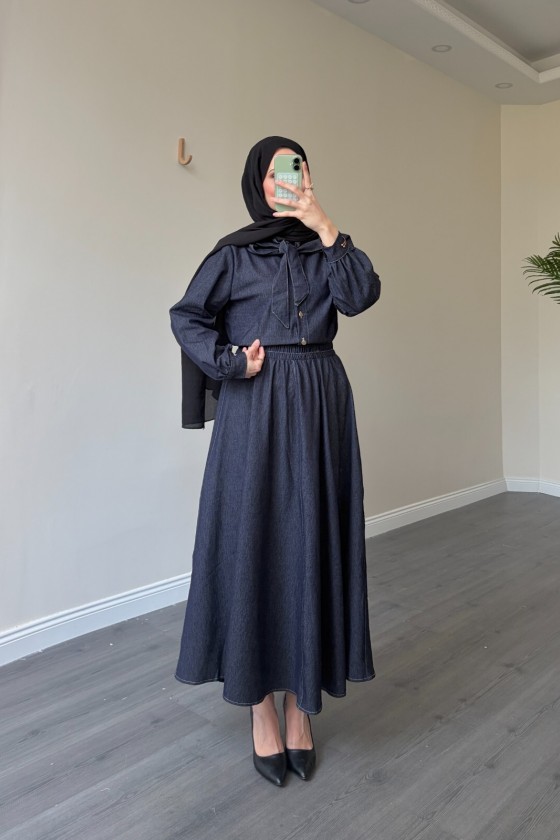 21247 - Fiyonk Detaylı İkili Yumuşak Kot Takım Laci̇vert