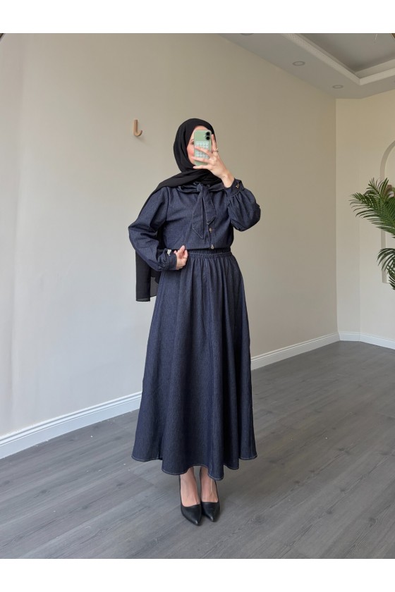 21247 - Fiyonk Detaylı İkili Yumuşak Kot Takım Laci̇vert