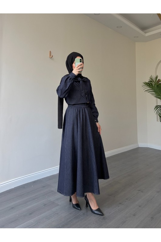 21247 - Fiyonk Detaylı İkili Yumuşak Kot Takım Laci̇vert