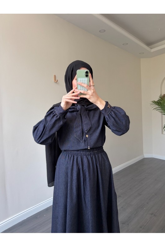 21247 - Fiyonk Detaylı İkili Yumuşak Kot Takım Laci̇vert