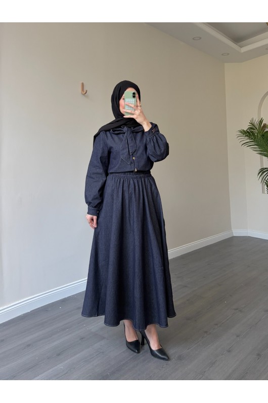 21247 - Fiyonk Detaylı İkili Yumuşak Kot Takım Laci̇vert