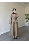 21267 - Asimetrik Gold Düğmeli Kemerli Etek & Ceket Takım Haki̇