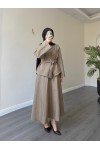 21267 - Asimetrik Gold Düğmeli Kemerli Etek & Ceket Takım Haki̇