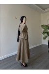 21267 - Asimetrik Gold Düğmeli Kemerli Etek & Ceket Takım Haki̇