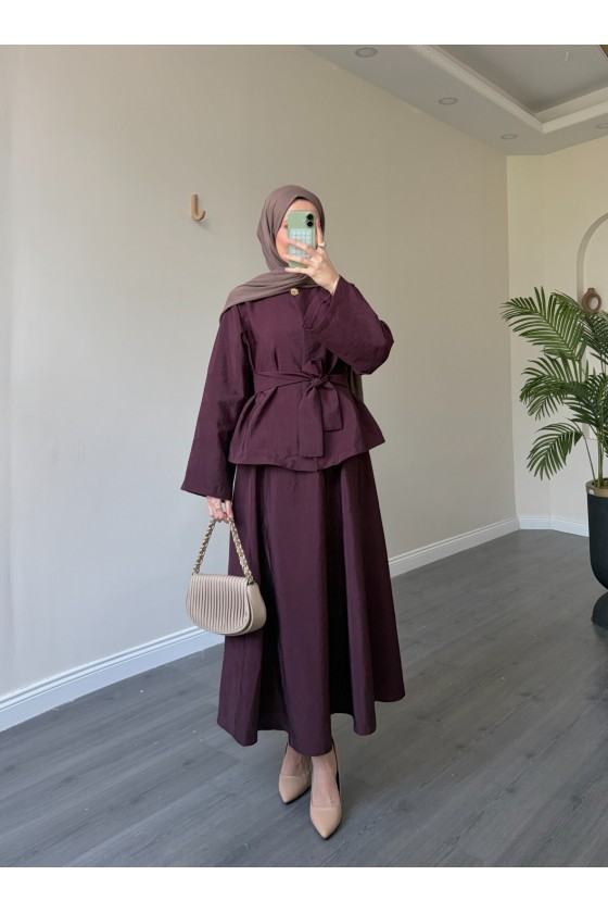 21267 - Asimetrik Gold Düğmeli Kemerli Etek & Ceket Takım Bordo