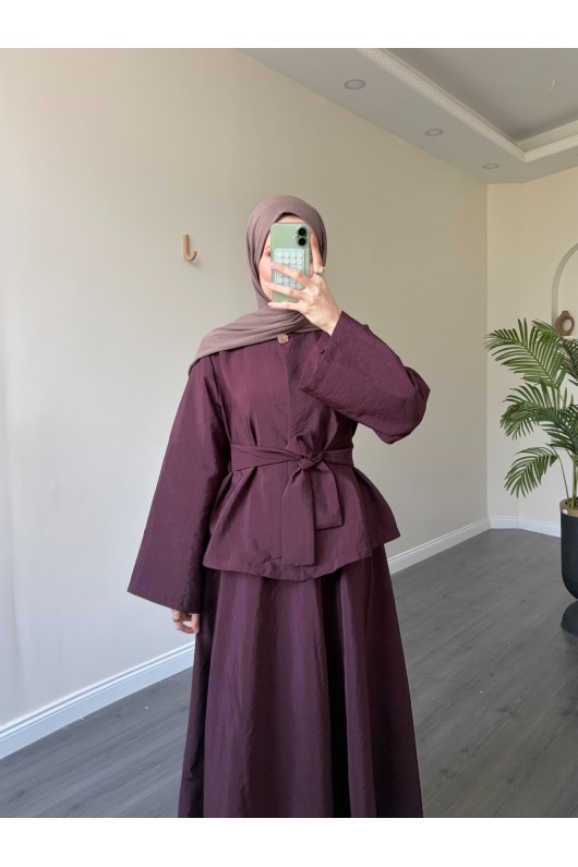 21267 - Asimetrik Gold Düğmeli Kemerli Etek & Ceket Takım Bordo