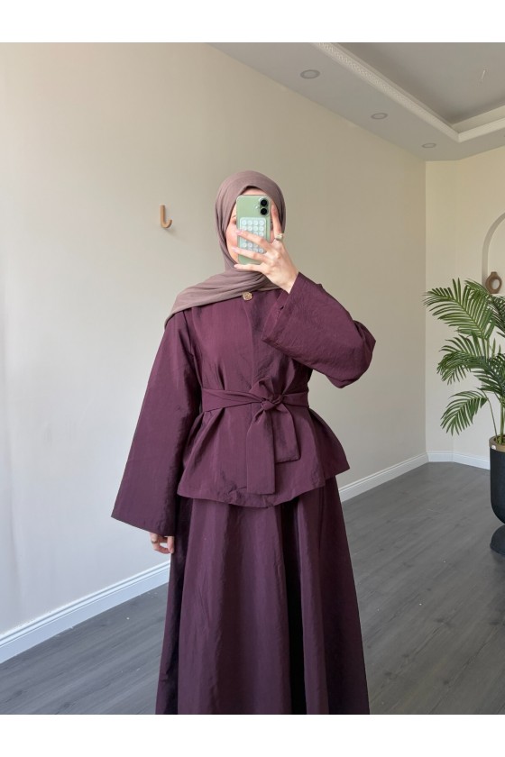 21267 - Asimetrik Gold Düğmeli Kemerli Etek & Ceket Takım Bordo