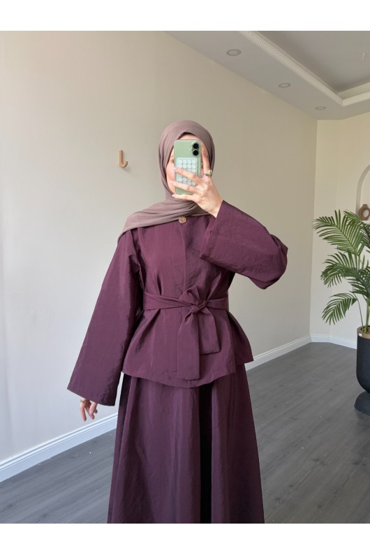 21267 - Asimetrik Gold Düğmeli Kemerli Etek & Ceket Takım Bordo