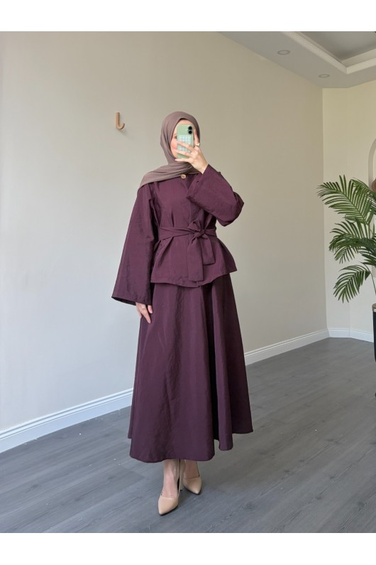 21267 - Asimetrik Gold Düğmeli Kemerli Etek & Ceket Takım Bordo