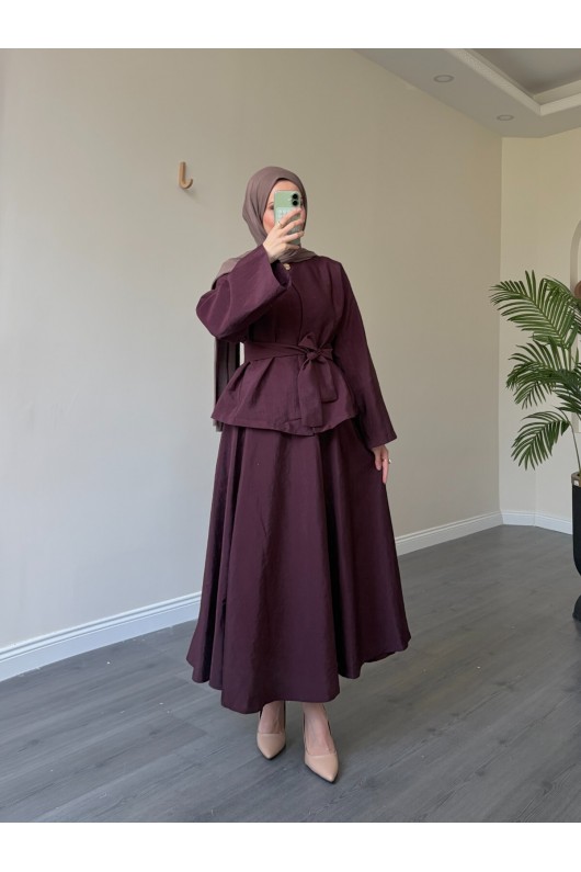 21267 - Asimetrik Gold Düğmeli Kemerli Etek & Ceket Takım Bordo