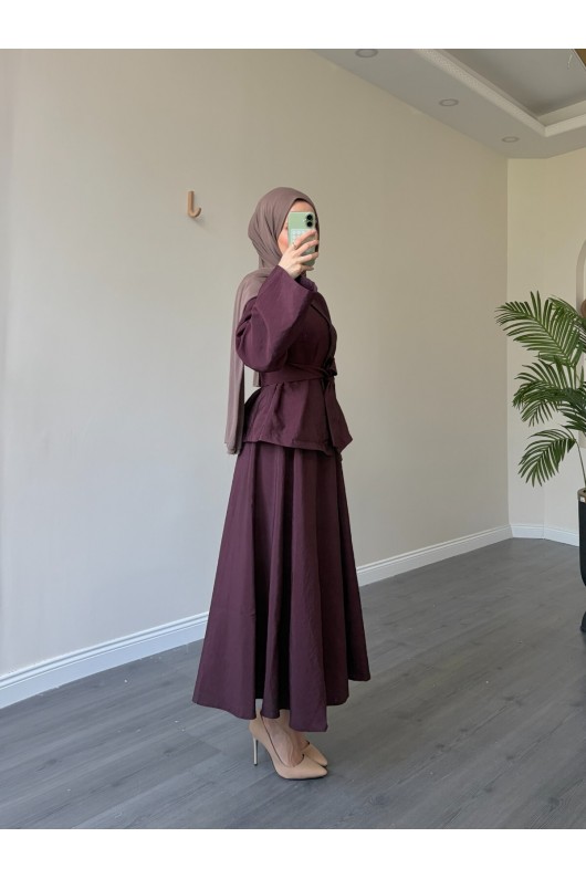 21267 - Asimetrik Gold Düğmeli Kemerli Etek & Ceket Takım Bordo