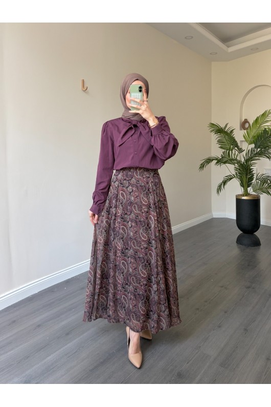 22057 - Şifon Etek-  Bluz Takım Mürdüm