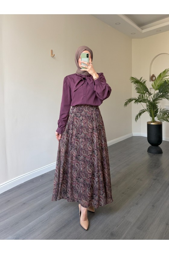 22057 - Şifon Etek-  Bluz Takım Mürdüm