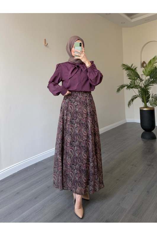 22057 - Şifon Etek-  Bluz Takım Mürdüm