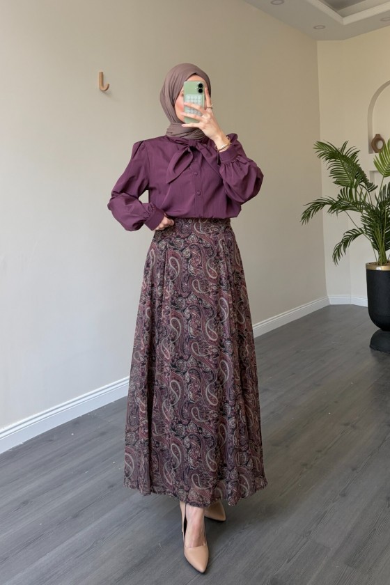 22057 - Şifon Etek-  Bluz Takım Mürdüm