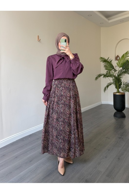 22057 - Şifon Etek-  Bluz Takım Mürdüm