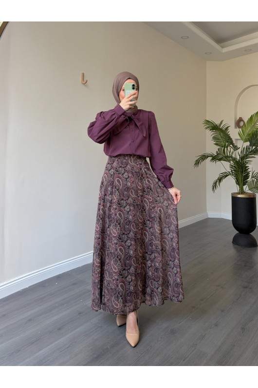 22057 - Şifon Etek-  Bluz Takım Mürdüm