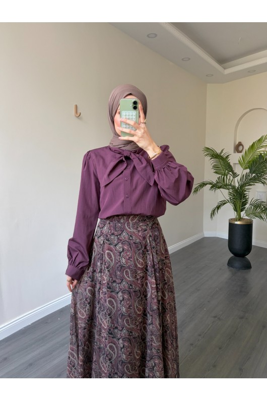 22057 - Şifon Etek-  Bluz Takım Mürdüm