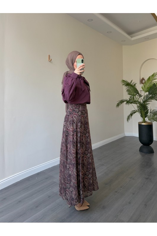 22057 - Şifon Etek-  Bluz Takım Mürdüm