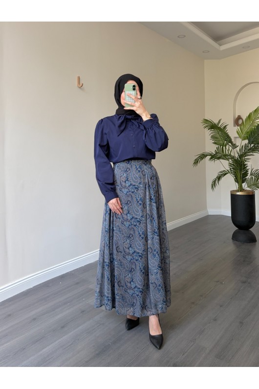 22057 - Şifon Etek-  Bluz Takım Laci̇vert