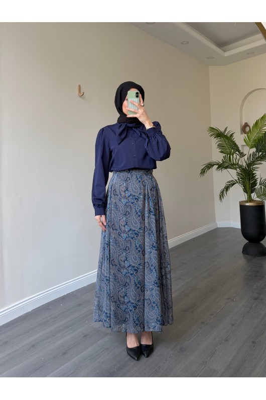 22057 - Şifon Etek-  Bluz Takım Laci̇vert