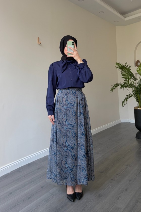 22057 - Şifon Etek-  Bluz Takım Laci̇vert