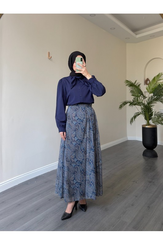 22057 - Şifon Etek-  Bluz Takım Laci̇vert