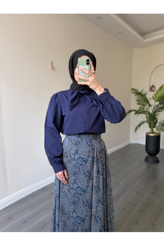 22057 - Şifon Etek-  Bluz Takım Laci̇vert