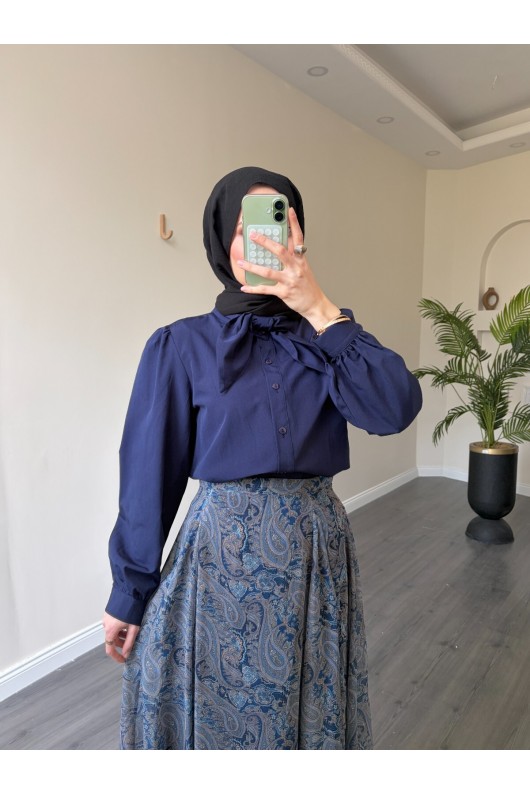 22057 - Şifon Etek-  Bluz Takım Laci̇vert