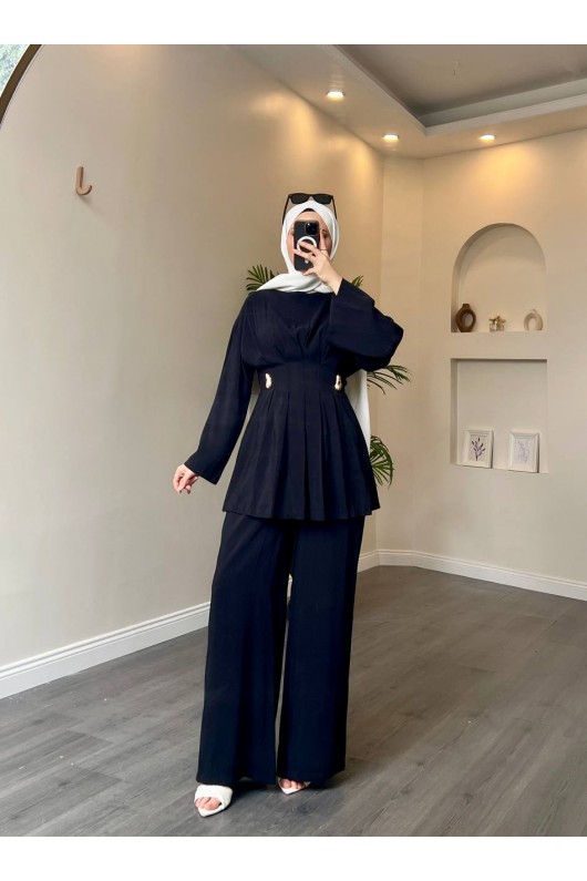 40719 - Pile Detaylı Tokalı Kuşaklı Modal Takım Si̇yah