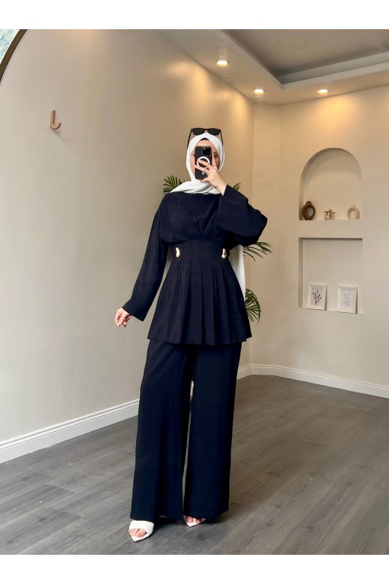 40719 - Pile Detaylı Tokalı Kuşaklı Modal Takım Si̇yah