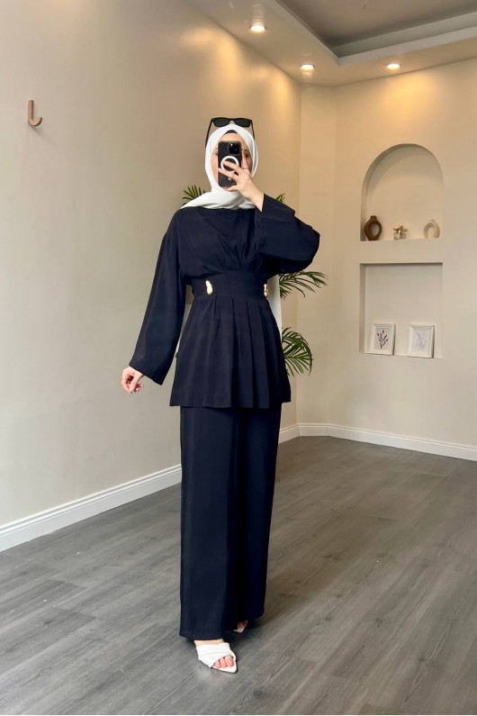 40719 - Pile Detaylı Tokalı Kuşaklı Modal Takım Si̇yah