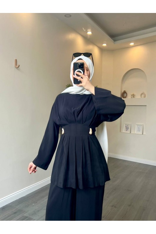 40719 - Pile Detaylı Tokalı Kuşaklı Modal Takım Si̇yah