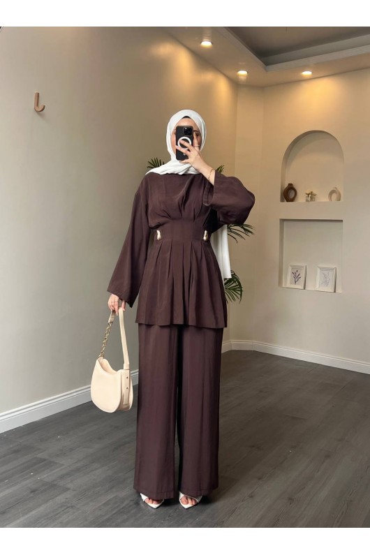 40719 - Pile Detaylı Tokalı Kuşaklı Modal Takım Kahverengi̇