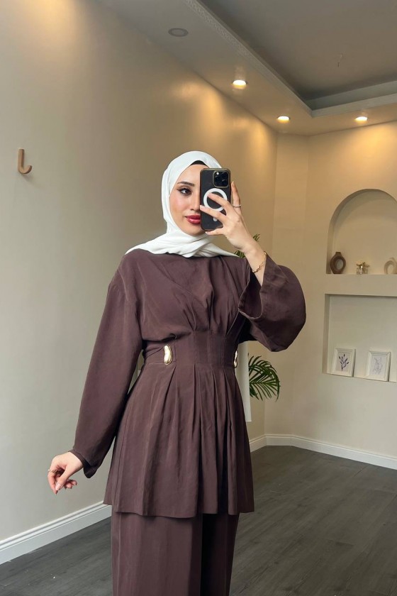 40719 - Pile Detaylı Tokalı Kuşaklı Modal Takım Kahverengi̇