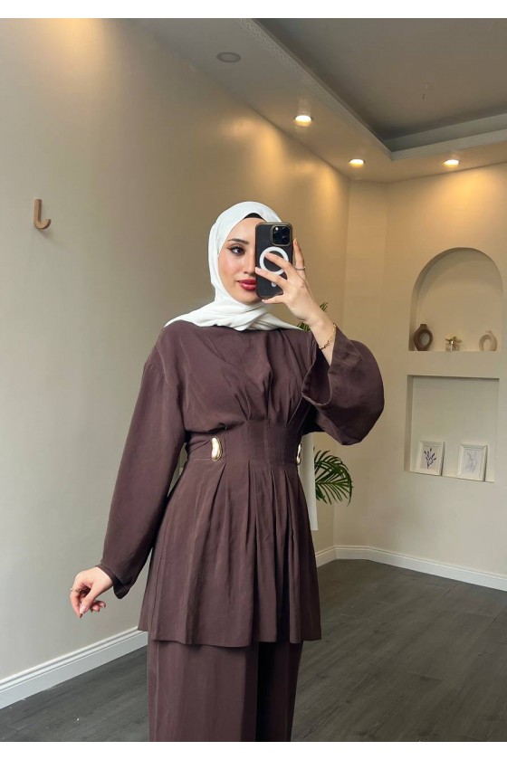 40719 - Pile Detaylı Tokalı Kuşaklı Modal Takım Kahverengi̇