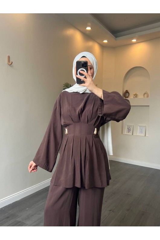 40719 - Pile Detaylı Tokalı Kuşaklı Modal Takım Kahverengi̇