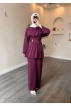 40719 - Pile Detaylı Tokalı Kuşaklı Modal Takım Mor
