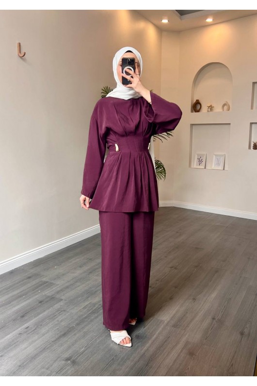 40719 - Pile Detaylı Tokalı Kuşaklı Modal Takım Mor