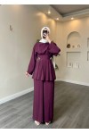 40719 - Pile Detaylı Tokalı Kuşaklı Modal Takım Mor